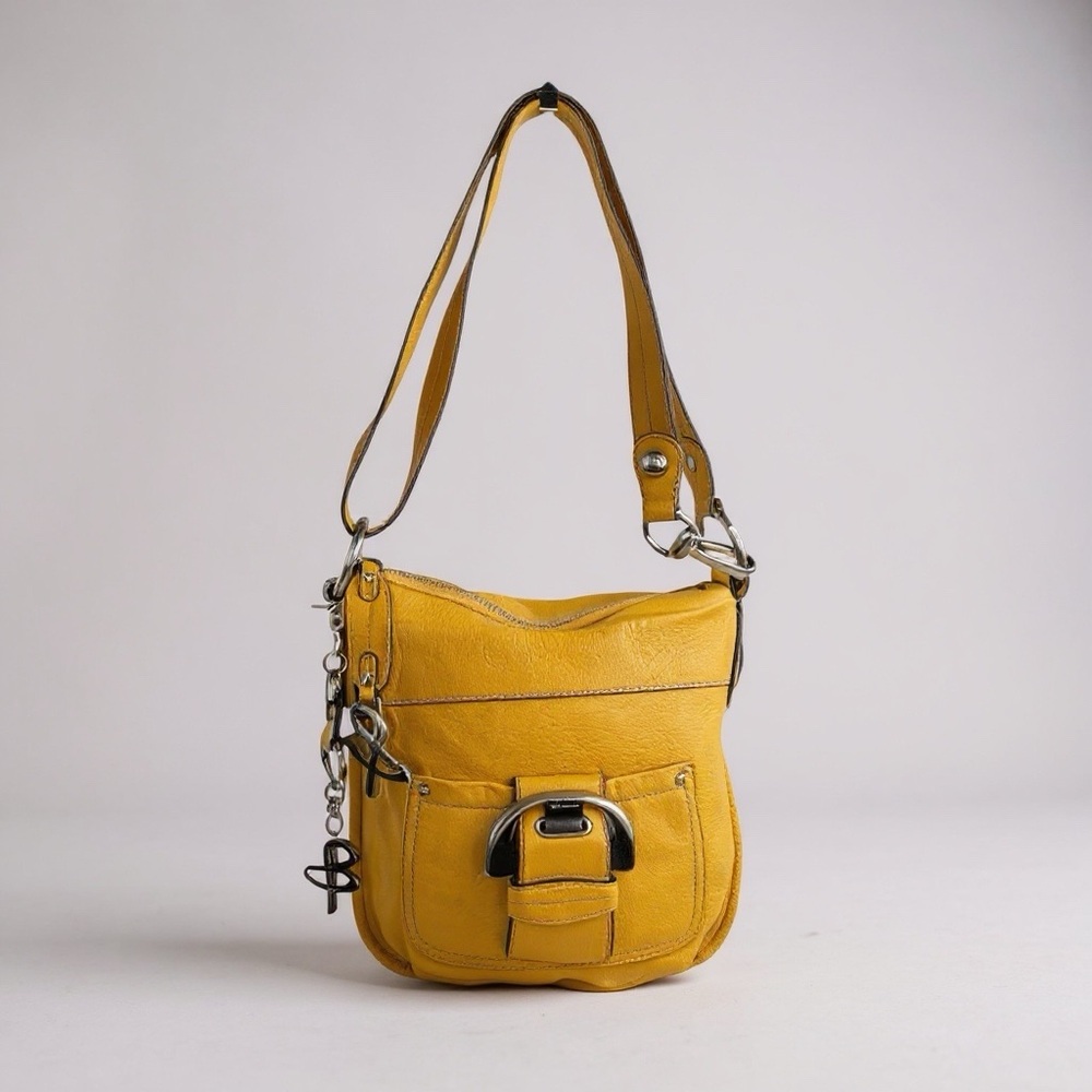 B. Makowsky Leather Shoulder Bag Purse Yellow Pebbled Quiet Luxury Leopard Lined